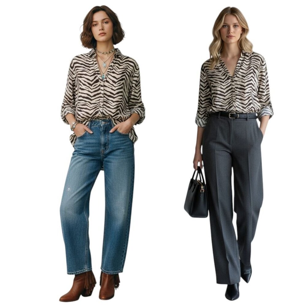 Tahari Linen Zebra Print Button Up Roll Tab Sleev… - image 1